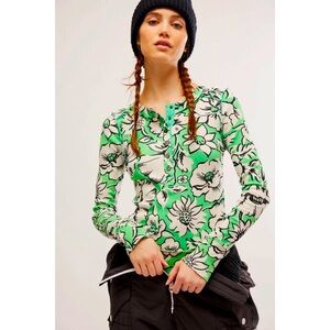 Free People Movement Rally Layer Henley Top Garden Floral Kelly Green L NWT